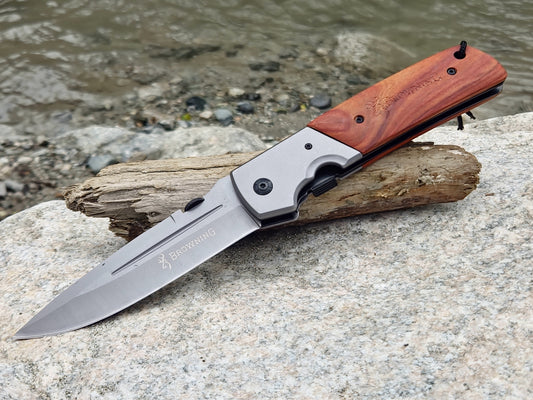 Browning Folding Knife – Durable 3CR13 Steel, Wood-Tone Handle